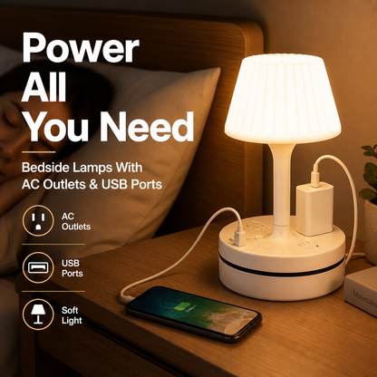 Alles-in-één ontwerp, meerdere functies om aan uw verschillende behoeften te voldoen! - Nachtkastlampen met stopcontacten en USB-poorten