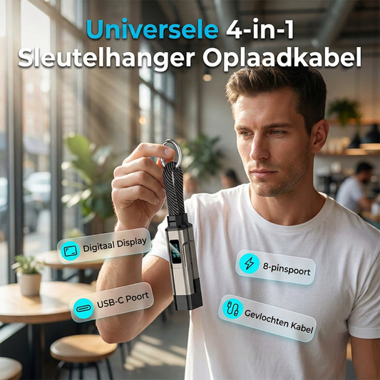 🔌 4-in-1 Oplaadkabel met Digitaal Display & Sleutelhanger – Snelladen, Knikbestendig & Compact