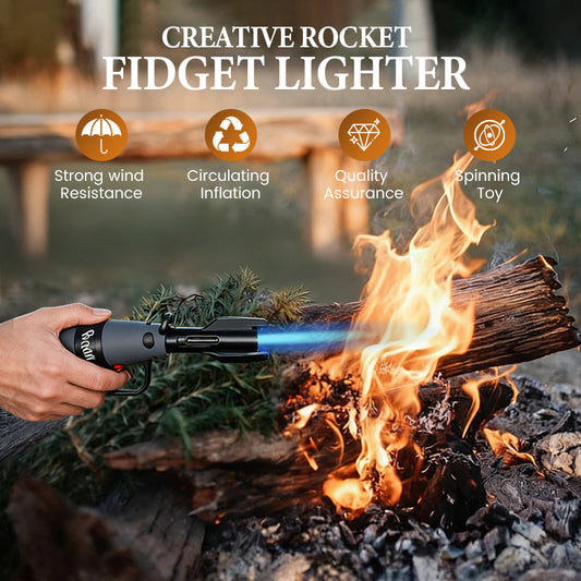 🚀 CREATIEVE ROCKET FIDGET LIGHTER – BLAUWE Vlam + DRAAIENDE STRESSVERLIES FUNCTIE!