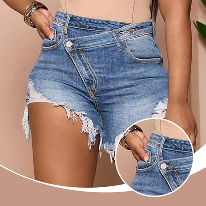 🔥【Aanbieding】🔥👖Hoge Taille Denim Short Dames | Met Diagonale Knopen | 5 Zakken✨