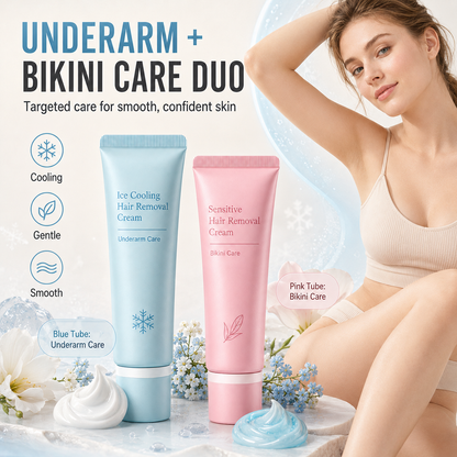 🧊🌿 2-in-1 ontharingscrème voor oksels & bikinilijn | IJs-technologie, pijnloos | Plantaardige extracten | Remt haargroei | Verheldert | 50% KORTING!