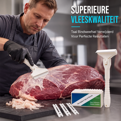 🥩🔪 50% KORTING! Nooit meer worstelen met taai bindweefsel! Deze RVS vleesschraper met T-grip haalt vet en vliezen er in seconden af – professioneel, comfortabel en met 2 mesbreedtes!
