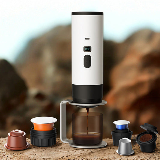 Draagbare espressomachine – digitaal display, oplaadbaar via Type-C, reservoir van 90 ml en kopje van 120 ml. Geniet overal van verse, hete koffie! 🛡️💪