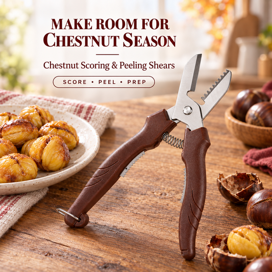 🌰 50% korting! Kastanjeschaar met vingerbeschermers & pellepel – dubbelzijdig, veilig & moeiteloos pellen. Van harde schil naar bereidingsklaar in seconden! ✨🔪